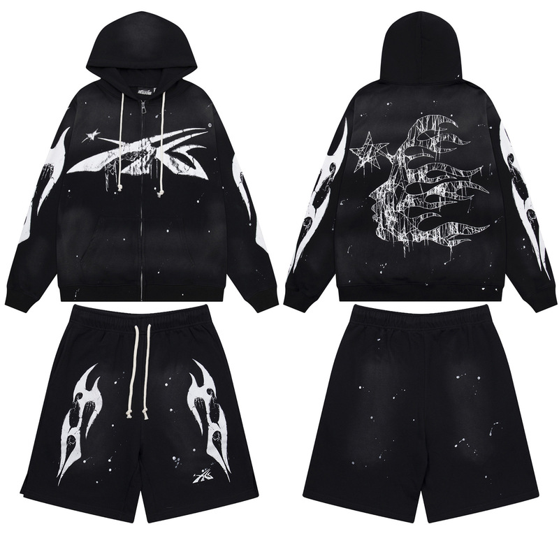 European and American Hellstar Hell Star Set Washed Vintage Hoodie Sweatshirt and Shorts Set Wholesale