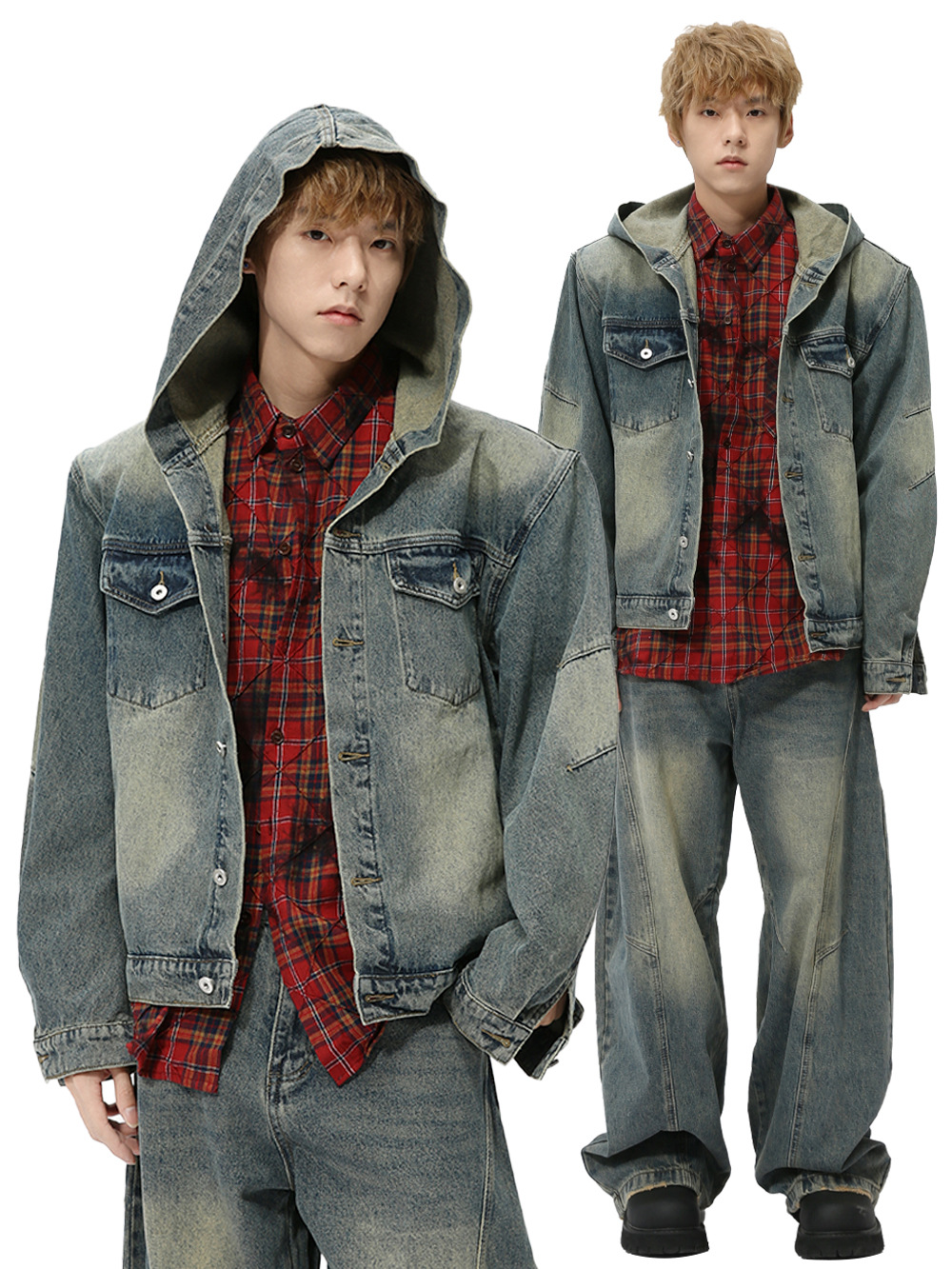 MTLCLOTHES Hombres| Otoño coreano retro hacer viejos chaquetas encapuchadas machetes pantalones lavados con agua conjunto de vaqueros