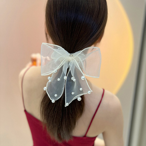 Netting Pearl Bead Bow Hair Cord Simple and Elegant Ponytail Headband with Fringe Hair Circle High-end Head Accessory 