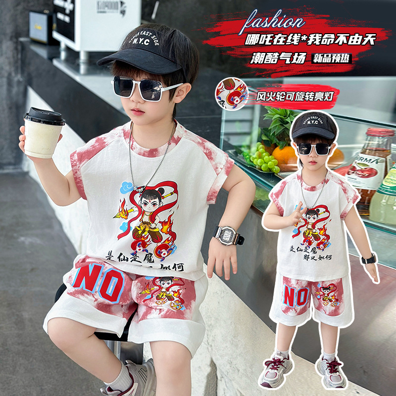 8102 Niño Nezha Traje de manga corta 2025 Nuevo verano para niños Red de celebridades de Internet Traje de dos piezas de moda Baby Fried Street Tide
