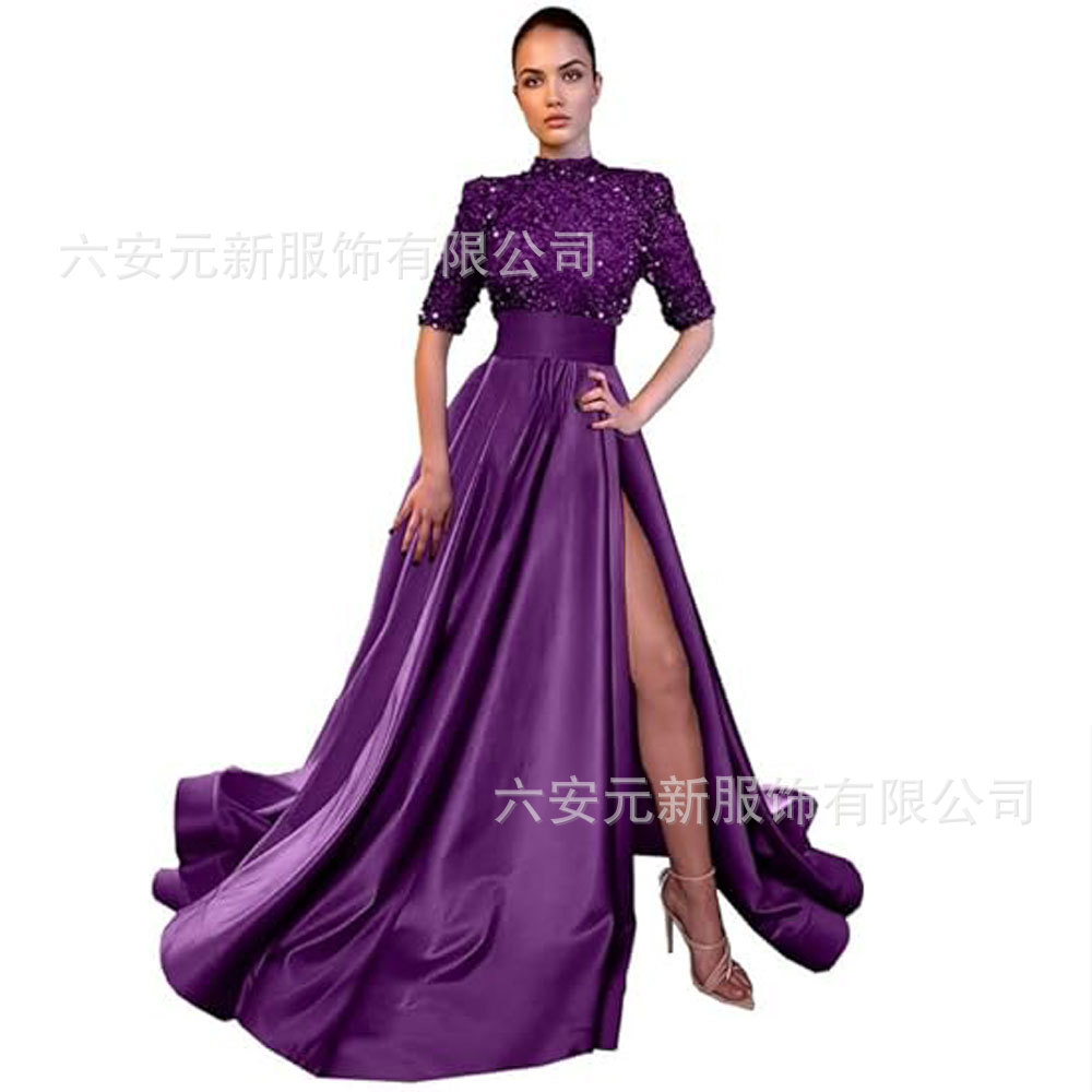 Europeo y americano Amazon AliExpress vestido de fiesta media manga lentejuelas satén vestido de noche A-line vestido de fiesta de hendidura image 4