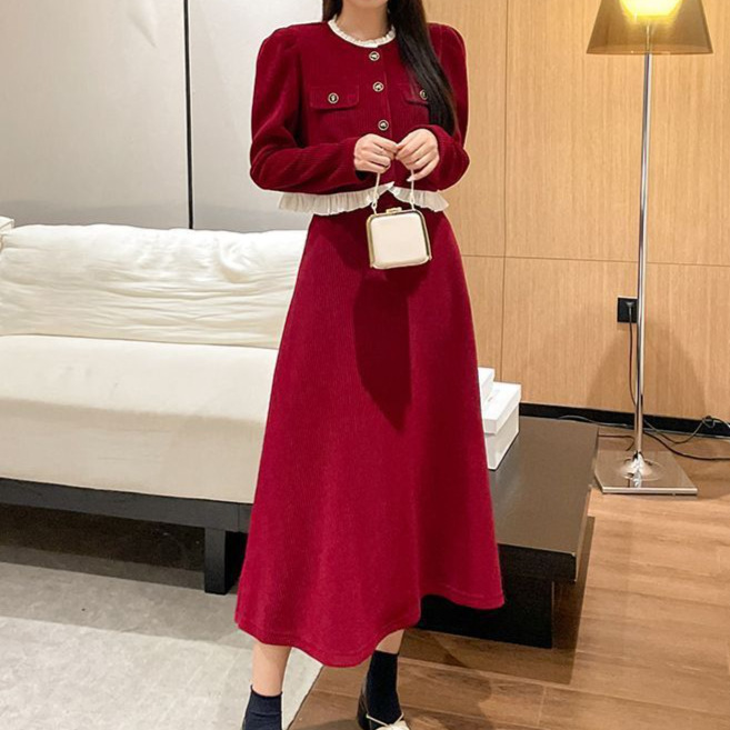French-Style Thin Dress Set with Top and Skirt, Two-Piece Chanel-Inspired Dress, New Chinese-Style Two-Piece Set in Solid Color