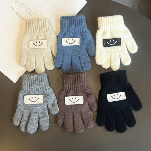Korean Style Children's Knitted Five-Finger Gloves Autumn and Winter Warm Korean Style Smiling Face Boys and Girls Baby's Wool Finger Gloves