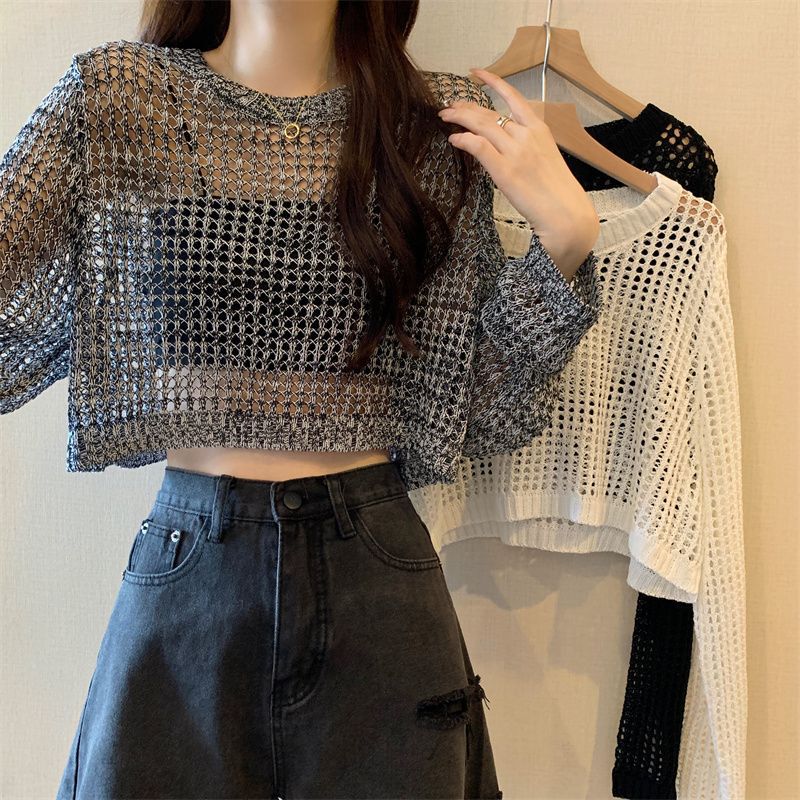 Hollow-Out Knit Sweater for Women 2026 New Summer Thin Loose Stylish Short Sun-Protective Outerwear Cover-Up Top for Trendy Girls Hollow-Out Knit Sweater for Women 2026 New Summer Thin Loose Stylish Short Sun-Protective Outerwear Cover-Up Top for Trendy Girls