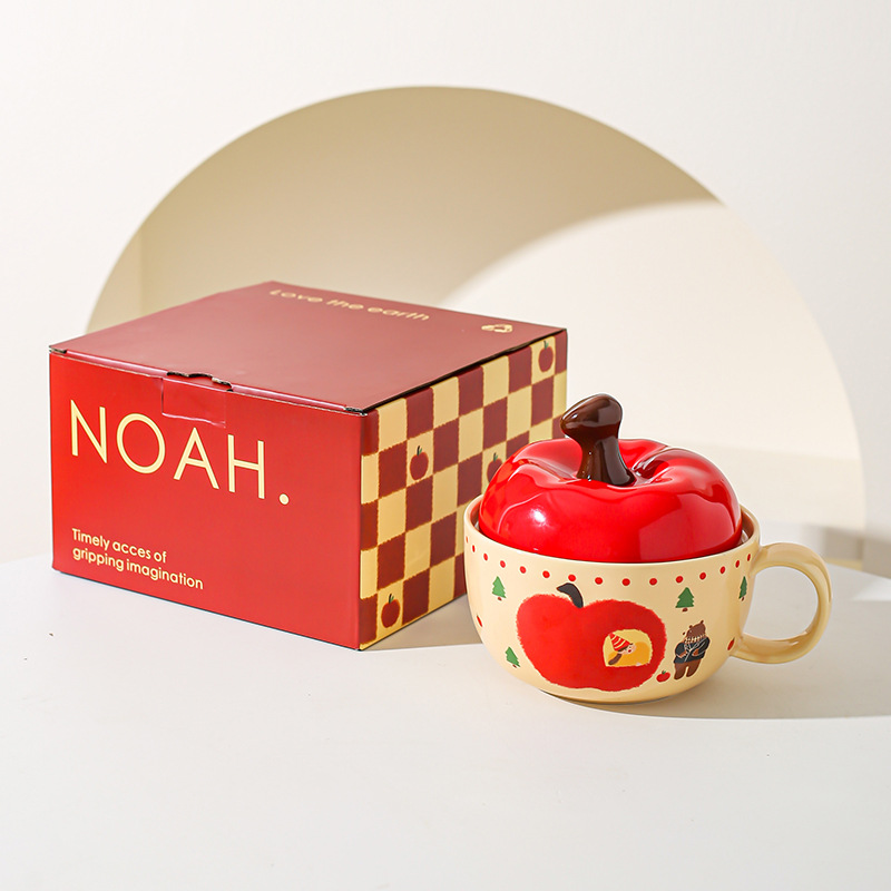 Tazón de cerámica de manzana creativo de alto valor de cara con cuchara de cubierta roja, tazón de fideos, regalo de Navidad para chicas.