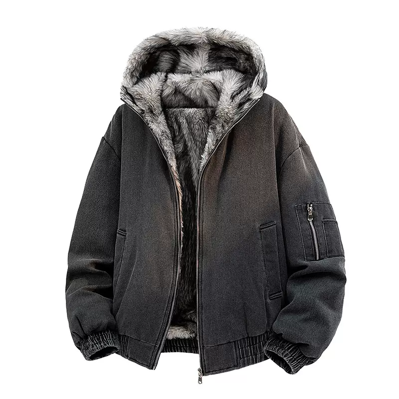 跨境冬季羽绒服男新款座山雕连帽一体绒保暖加厚牛仔休闲男士外套