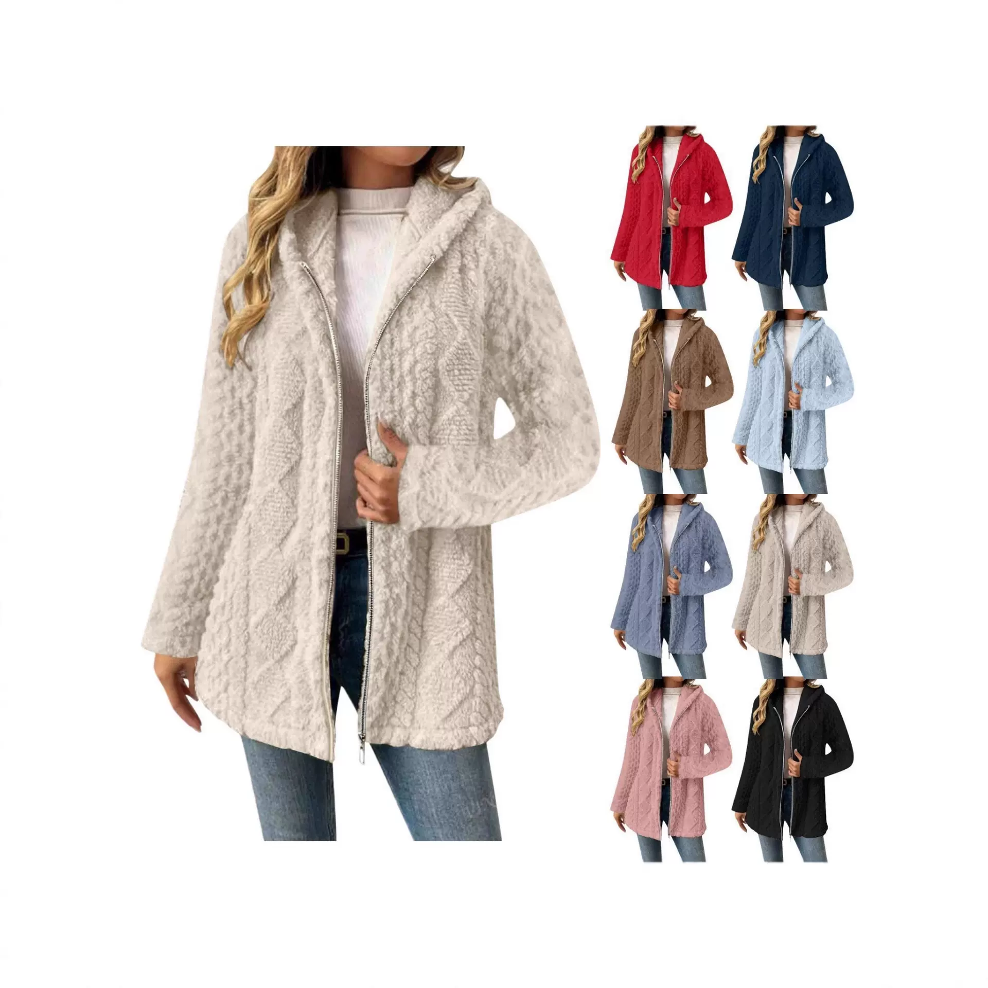 女式长款毛绒外套亚马逊热卖连帽双面绒两侧边有口袋长袖拉链开衫