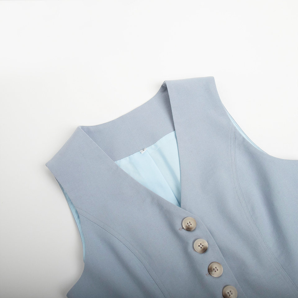Bộ vest gile và quần short nữ chất liệu lanh cotton, áo khoét vai không tay, kiểu công sở — Màu mơ, Màu nâu đậm, Màu trắng, Màu xanh nước biển chi tiết 55