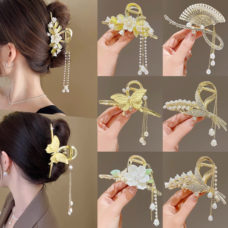 2023 New Ancient Style Fringe Metal Claw Hair Clip with Camellia Flower, Large Size Shark Clip Hair Pin Flower Hair Accessory