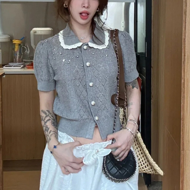 2025 여름 새로운 디자인 감각 끈 끈 구슬 달콤한 캐주얼 짧은 소매 짧은 니트 카디건 탑