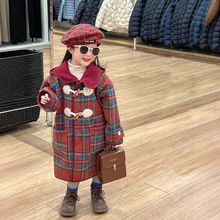 女童冬气质英伦风奥利绒复合一体牛角扣格子加绒加厚连帽长款大衣