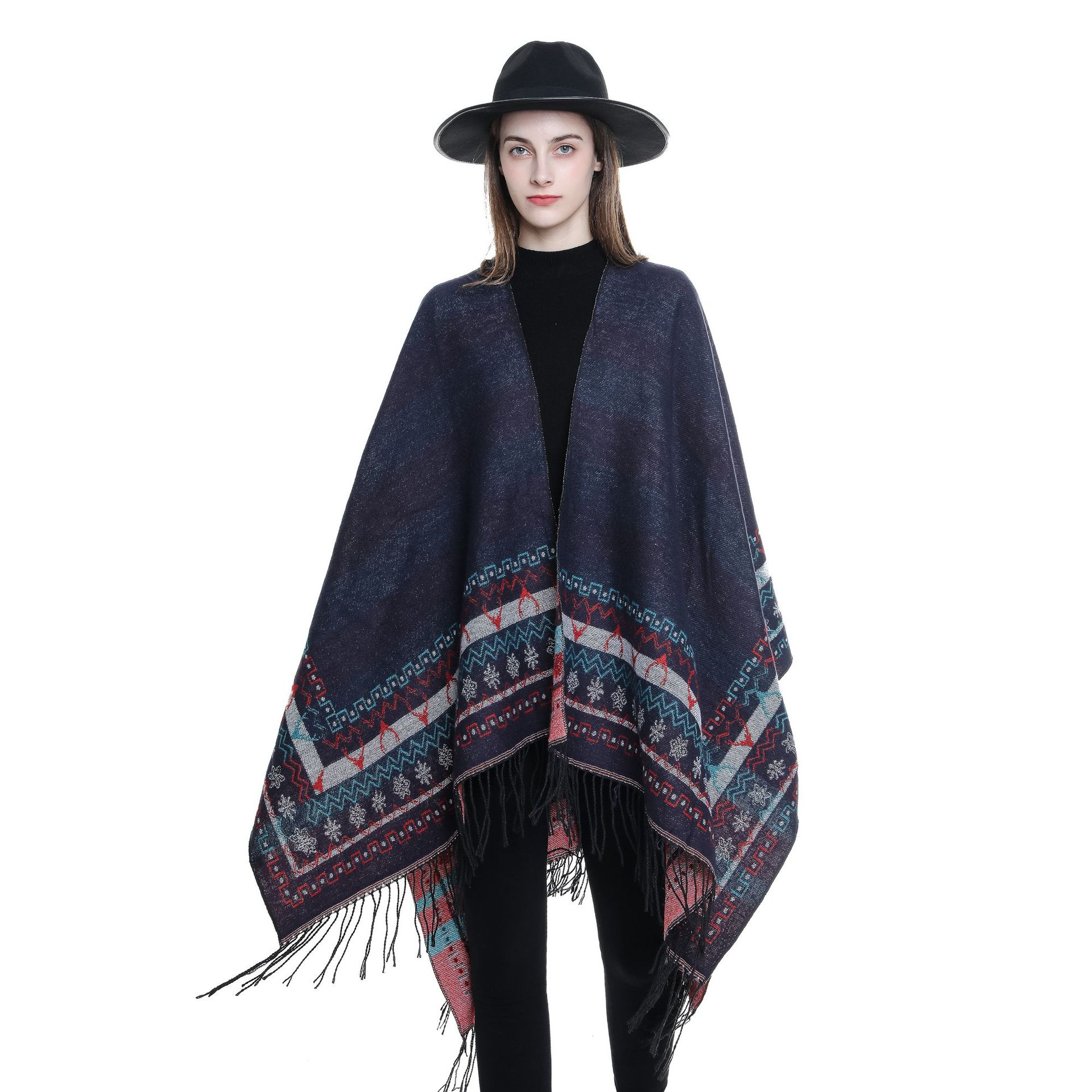 2024 otoño y invierno Navidad muñeco de nieve patrón bordilla nacional simple doble cara bufandas multifacéticas capa chal