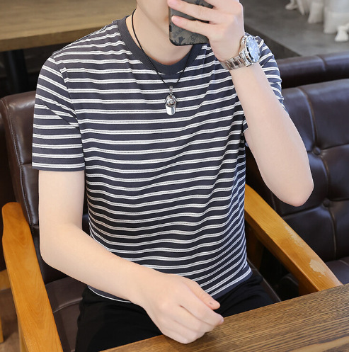 Summer Men's Short-Sleeve T-Shirt, Young and Middle-Aged Striped Crew Neck Versatile Half-Sleeve Men's Top Fashion