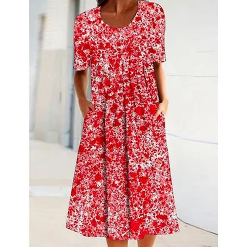 Wish Spring and Summer Floral Print Round Neck Pouch Mini Dress for Women