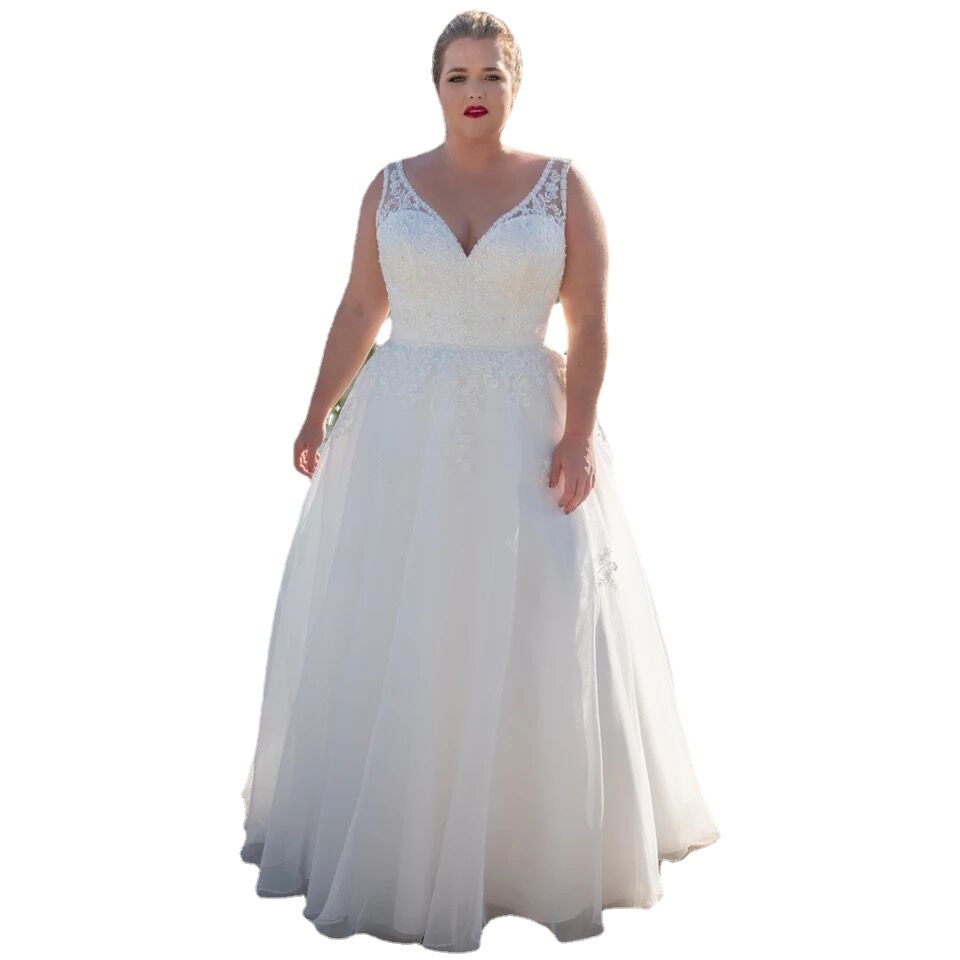 Comercio exterior europeo y americano Amazon AliExpress deseo más tamaño largo elegante cuello en V encaje elegante vestido de novia