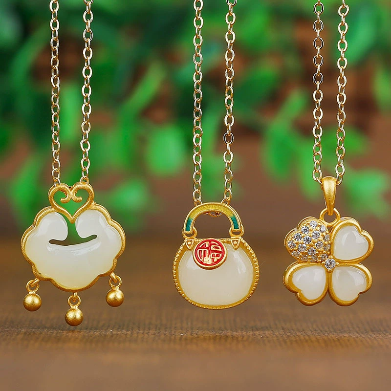 Pendant jade, necklace, longevity lock, four-leaf clover