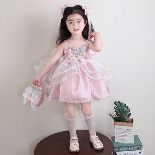 Lolita Princess Dress for Girls 2025 Children's Summer Trendy Pearl Straps Dress Birthday Formal Dress