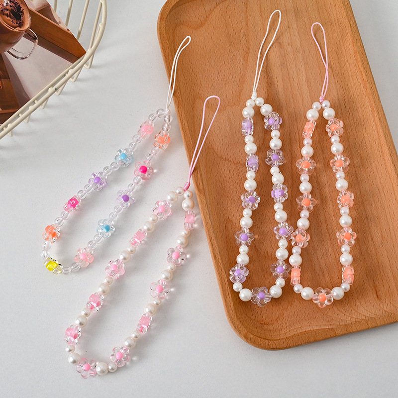 Fashion Sweet Cute Color Flower Mobile Phone Chain Acrylic Imitation Pearl Beaded Mobile Phone Lanyard Camera Hanging Ornaments for Women