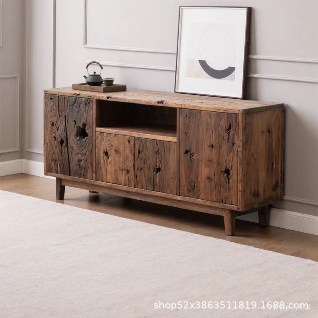 侘寂风老榆木餐边柜复古客厅卧室收储物柜做旧玄关柜实木茶水柜