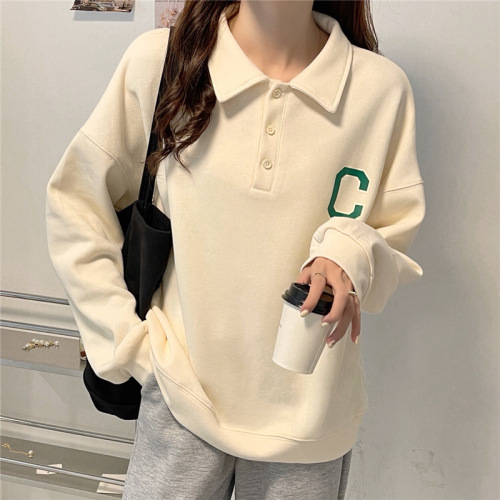 Elegant Vintage American Style Polo Hooded Sweatshirt for Women, Apricot Color, 2025 Letter Print, Spring and Autumn Thin Long-Sleeve Sweatshirt