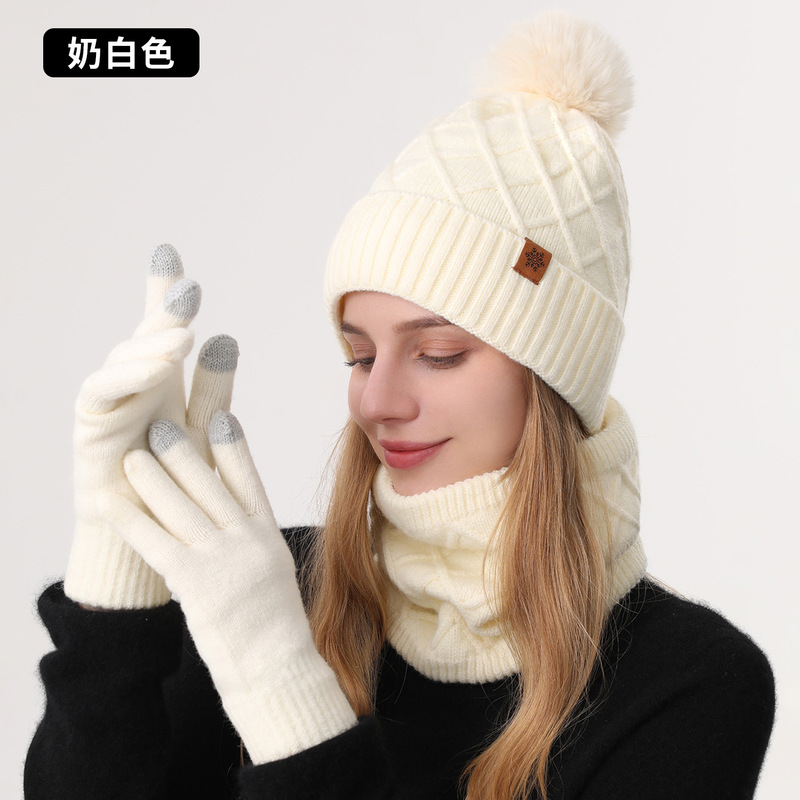 定制冬季针织帽女士防寒双层围脖户外保暖针织帽子围脖手套三件套|undefined