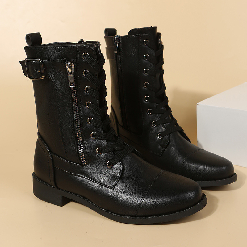 Chaussures pour femmes nouvelles bottes Martin à bout rond et à talon bas avec fermeture éclair sur le côté pour femmes, bottes en cuir rétro à talon carré et tube moyen de grande taille_voghion.com
