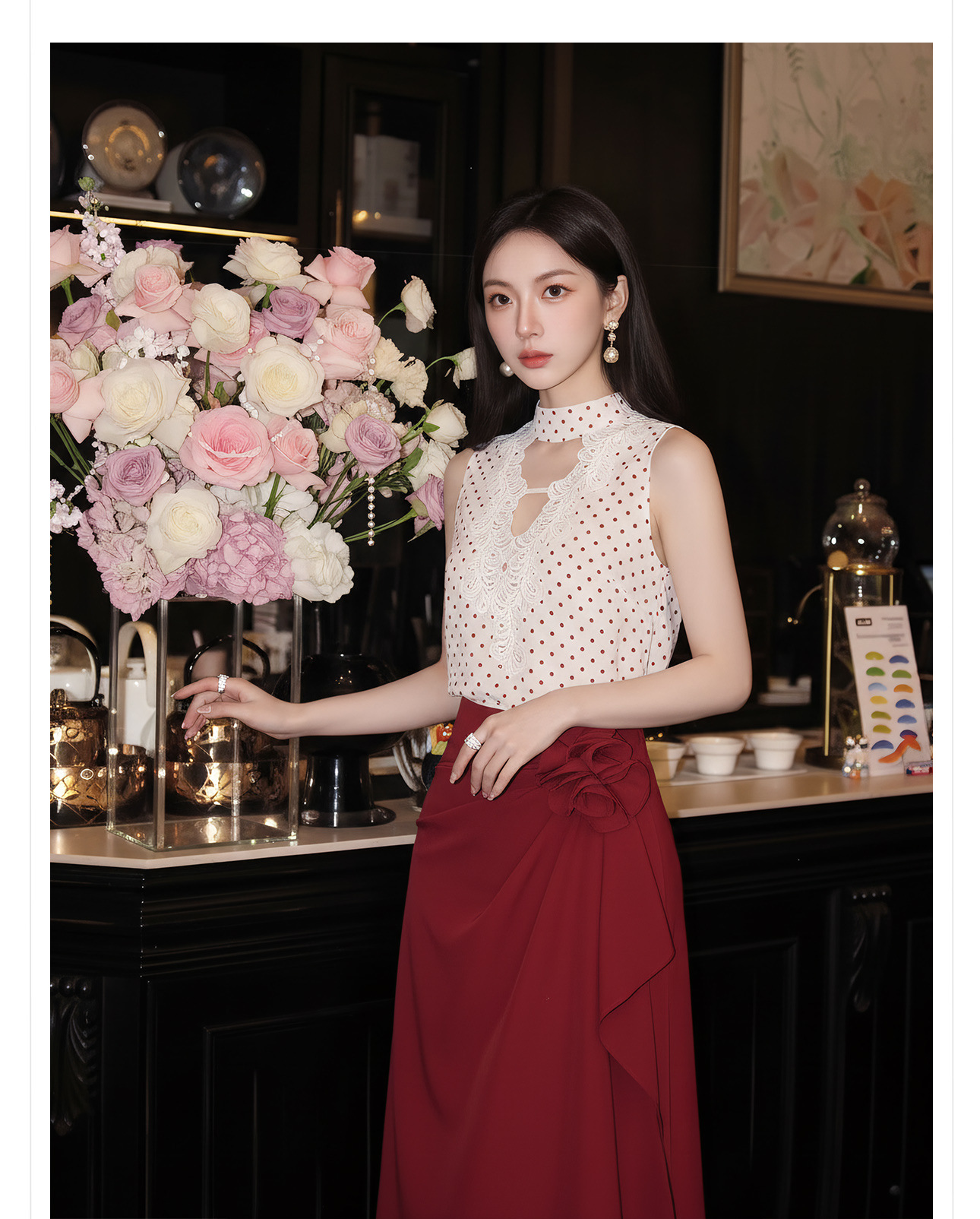 Bộ áo vest và chân váy ngắn họa tiết chấm bi phong cách tân cổ điển mùa hè — Trang phục [Vest+Half Dress], nửa váy, Trang phục [Áo vest+quần short], quần đùi chi tiết 14