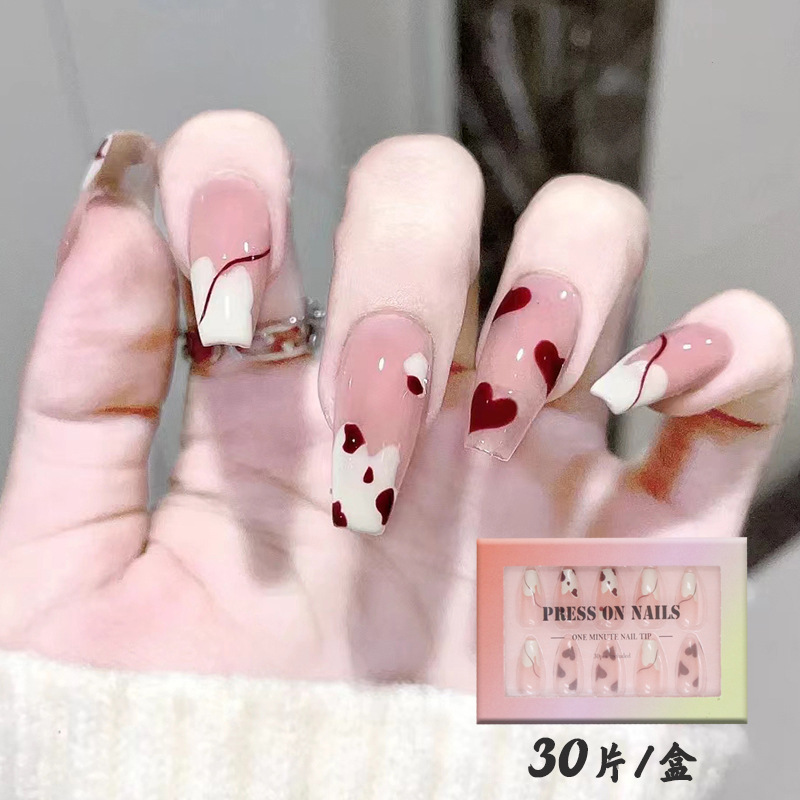 Love cow pattern French manicure mid-length ballet nail 30 pieces boxed wearable nail beauty piece fake nail