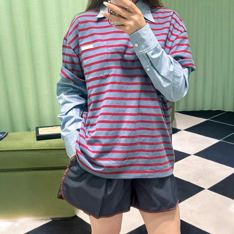 Special Clearance Sale: Color-Blocked Blue and Red Striped Round-Neck T-Shirt, Unisex, Loose Fit, Mid-Length, Couple's Short-Sleeve Style