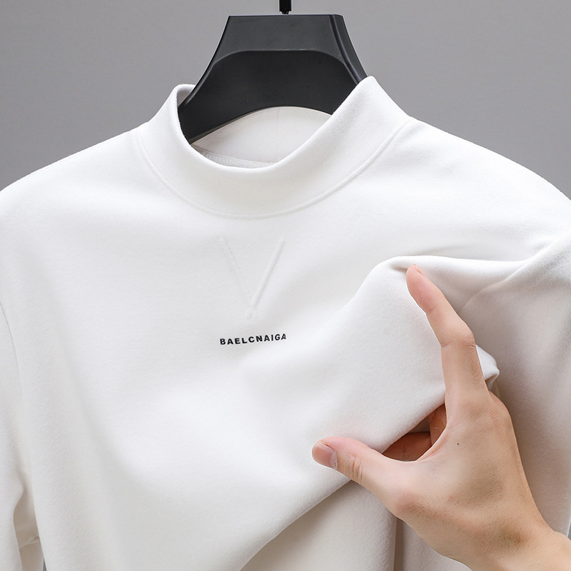 가을과 겨울 새로운 양면 벨벳베이스 셔츠 남자 반 높이 칼라 따뜻한 탑 캐주얼 자수 샌딩 긴팔 티셔츠