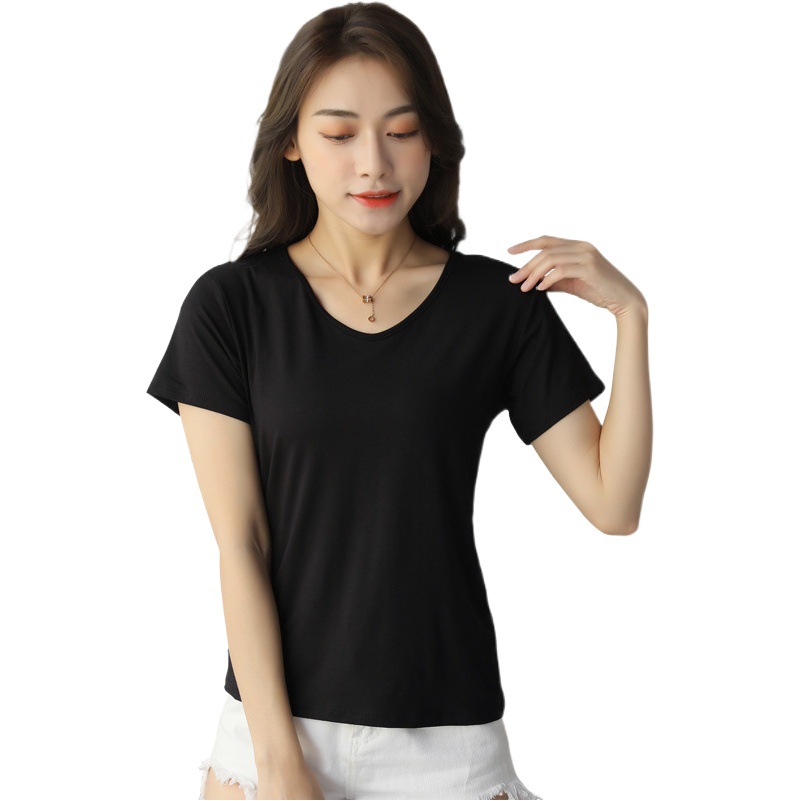 Camiseta modal de manga corta con estampado de máscara blanca para mujer, cuello en V, estilo nuevo 2025, talla grande, escote bajo, camiseta básica holgada.
