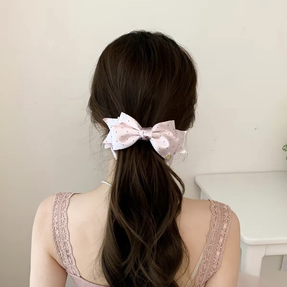 88# pink satin polka dot bow banana twist clip - 10cm