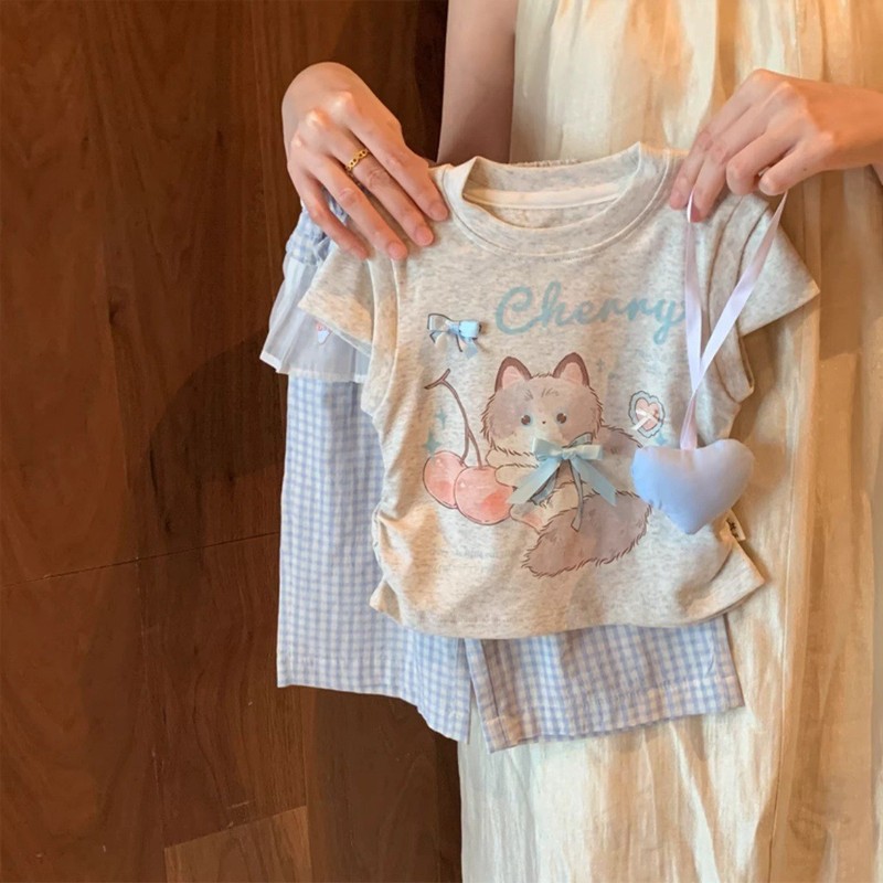 Ningli 女の子のファッショナブルで甘いスーツ夏 2025 新しいスタイルの小さな女の子ベビー半袖ワイドレッグパンツ 2 点セットトレンディ|undefined