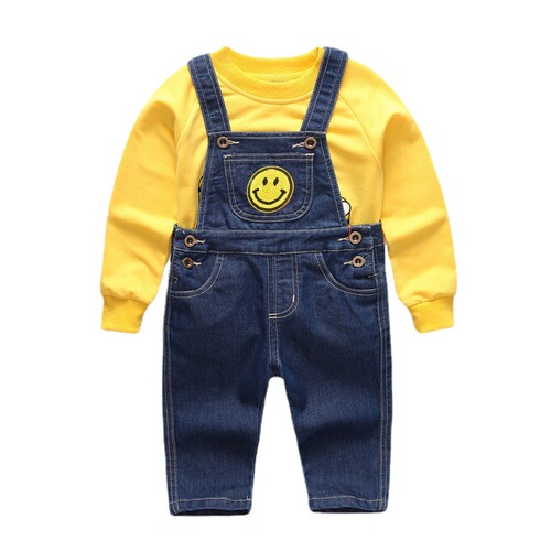 Children's Day performance outfit, cartoon denim overalls set for kids, spring/autumn style two-piece romper pants set