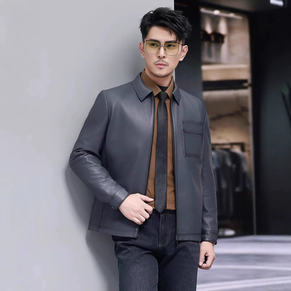 Короткая модная рубашка, жакет, натуральная кожа, slim fit