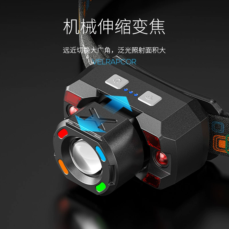 Телескопическая увеличительная фара с трёхцветным источником света, прожектор USB‑зарядки, фара с волновым датчиком
