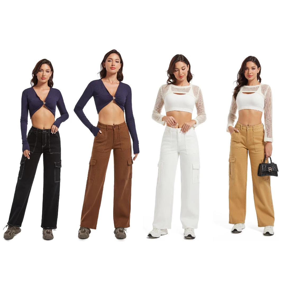Pantalones de Mezclilla Cargo para Mujer de Algodón Alta Elasticidad Cintura Alta