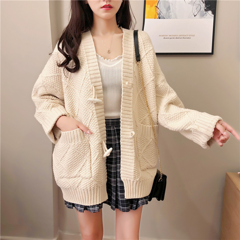 Korean version of thick wool horn buckle long sweater women's coat autumn and winter new loose lazy twist knitted cardigan