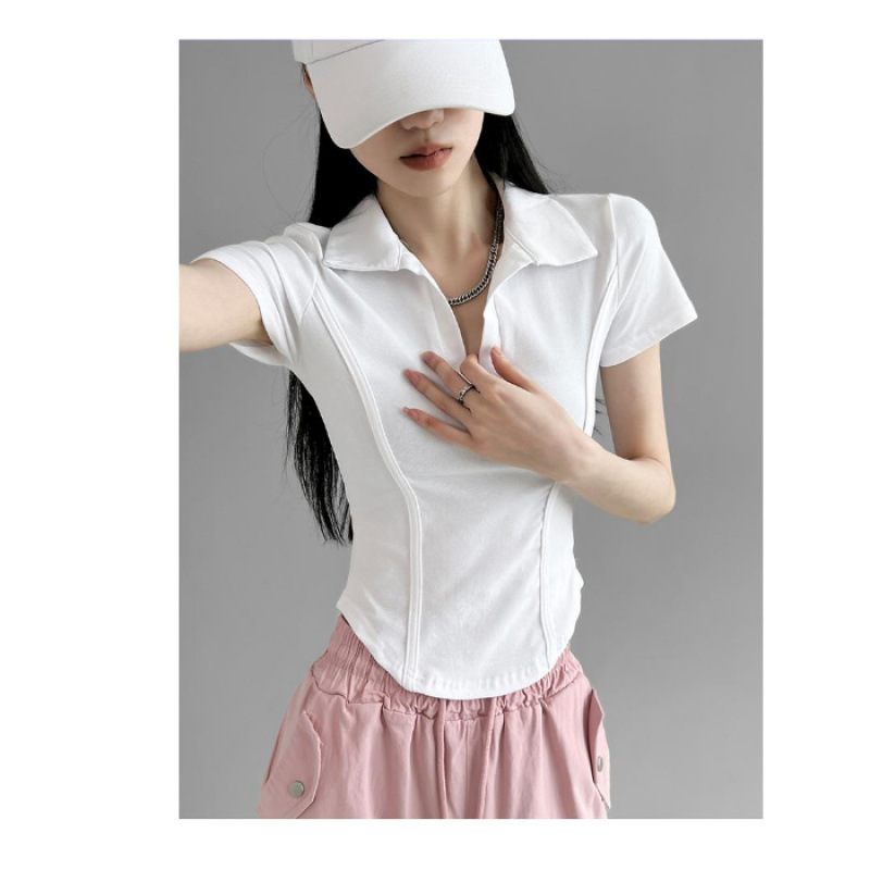 2025 夏の新ヨーロッパとアメリカのホットガールスタイルショルダー半袖 Tシャツ女性のポロラペルウエストフィッシュボーン痩身トップ|undefined