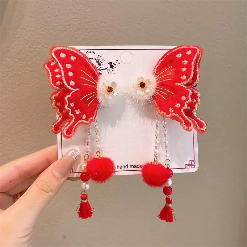 儿童古风发夹红色喜庆新年发饰可爱女童步摇流苏发卡汉服秋冬发饰