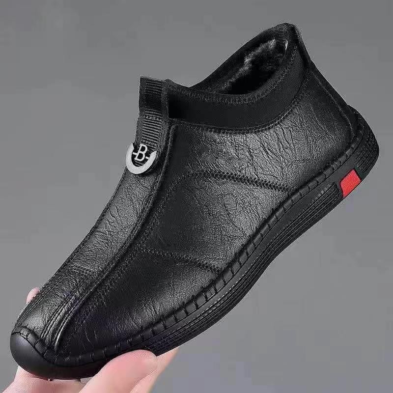 Business Casual Men's Shoes, Single-Layer Cotton Optional, with Fleece Lining, Thickened for Warmth, Wear-Resistant, Windproof and Cold-Resistant, Men's Slip-On Leather Shoes