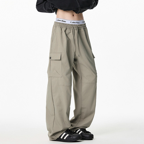 Split and Spliced Design Casual Pants Spring Japanese Style Loose Double Three-Dimensional Pockets Straight-Leg Long Trousers