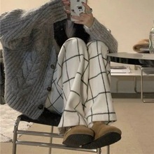 白色格子运动裤女春秋宽松休闲阔腿夏季高腰垂感宽松拖地裤哈伦裤