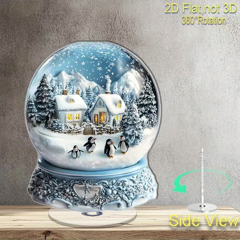 Impresión plana transfronteriza 2D plana 360 giratoria vista de nieve pingüino cabina accesorios de escritorio festivales interiores al aire libre