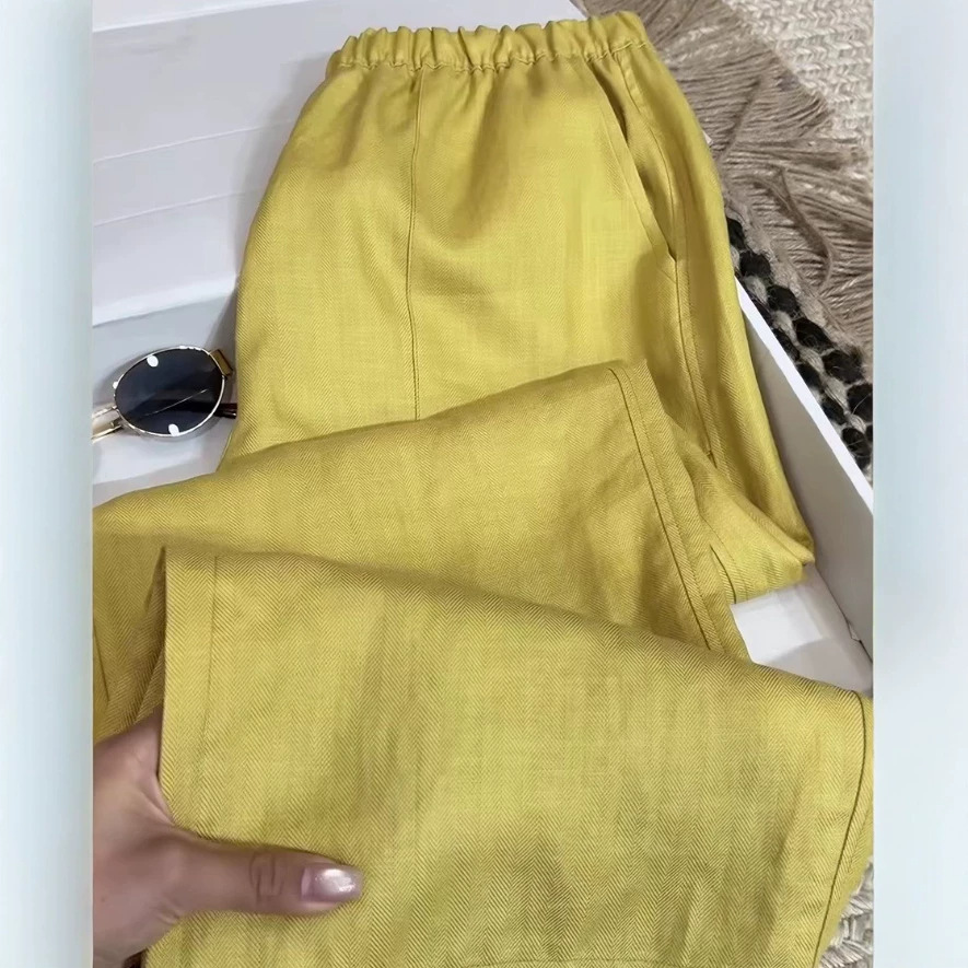 Quần culottes nữ ống rộng vải lanh màu vàng eo cao mùa hè — màu vàng