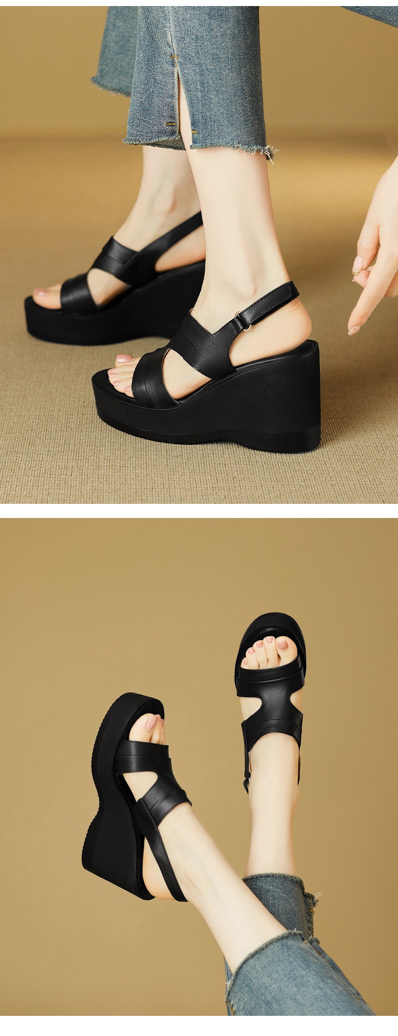 Sandal nữ hở mũi đế xuồng da bò cao gót quai ngang phong cách La Mã — đen chi tiết 8