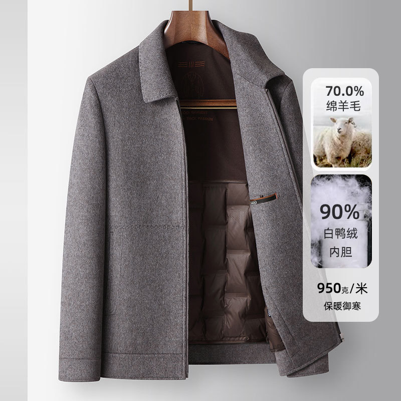 Handmade wool men's jacket with a lapel collar, zipper closure, detachable 90% white duck down lining, suitable for middle-aged men, a warm and stylish business outerwear for winter Handmade wool men's jacket with a lapel collar, zipper closure, detachable 90% white duck down lining, suitable for middle-aged men, a warm and stylish business outerwear for winter