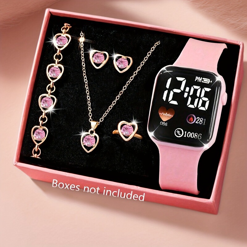 New Foreign Trade Hot-Selling Product: Korean-Style Simple and Compact Square Led Watch, Heart-Shaped Necklace, Earrings, and Ring Set New Foreign Trade Hot-Selling Product: Korean-Style Simple and Compact Square Led Watch, Heart-Shaped Necklace, Earrings, and Ring Set