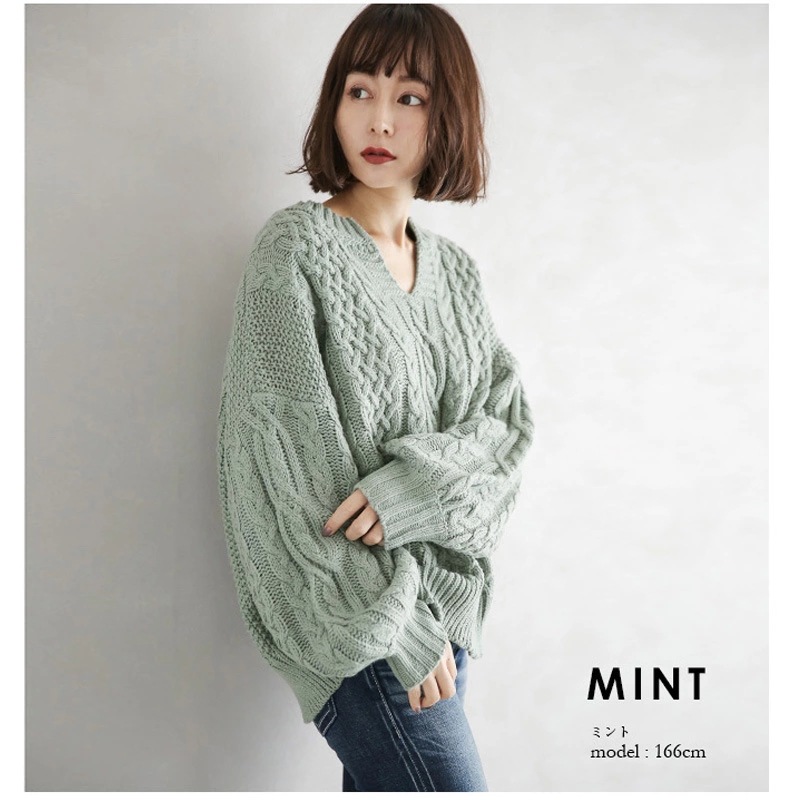 日韓vネックプルオーバー2023新型純色ニット麻花灯籠袖麻花セーター痩せ上着