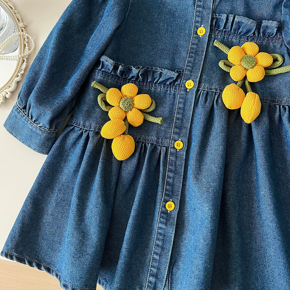 2024 autumn new Korean version girls' sunflower denim long sleeved dress, cute baby girl dress 67378_voghion.com